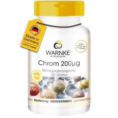 Abbildung von Chrom 200µg 100 Tabletten Chrompicolinat für 200 Tage Nahrungsergänzungsmittel hochdosiert vegan Warnke Vitalstoffe Deutsche Apothekenqualität