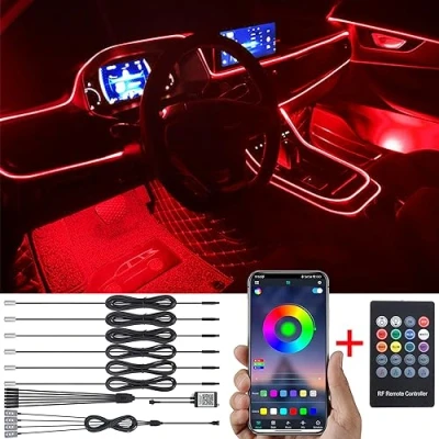 Abbildung von TABEN Auto Atmosphärenlicht Kit Musiksynchronisation Mehrfarbig RGB 16 Millionen Farben 8 Meter Glasfaser USB Fußraum Ambientebeleuchtung Kit, Sound Active RF Fernbedienung und Bluetooth App Steuerung