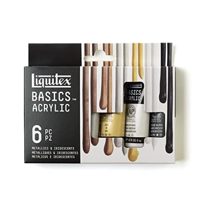 Abbildung von Liquitex 3699399 Basics Acrylfarbe, monopigmentierte Künstlerpigmente, lichtecht, mittlere Viskosität, Archivqualität, seidenglänzender Finish 6 Farben Set Metal und Irisierend, 22 ml (6er Pack)