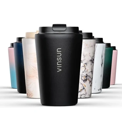 Abbildung von Vinsun Isolierbecher für kalte und warme Getränke 350ml Trinkbecher Edelstahl Eiskaffee/Kaffee/Tee doppelwandig, auslaufsicher Thermobecher to go (Auto, Reisen, Büro)