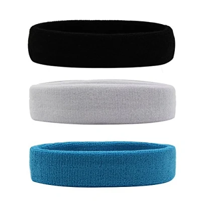 Abbildung von HANERDUN Sport Stirnband Damen Herren Schweißbänder kopf Stirn Baumwolle Frottee Haarband kopfband für Laufen Fahrrad Joggen Tennis,Schwarz/Weiß/Himmelblau(3 Stk),one size