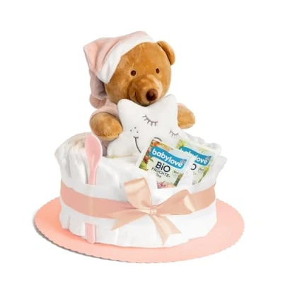 Abbildung von Windeltorte in Orange mit Kuscheltier für Mädchen oder Jungen, Geschenke zur Geburt die Mutter, Taufe Baby Party Geschenkidee neugeborene Windeln Inklusive Glückwunschkarte