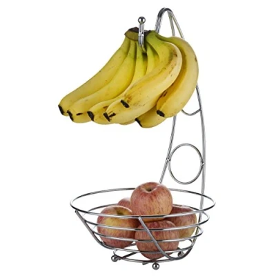 Abbildung von Exzact Obstkorb mit Bananenhaken 43cm Hoch/Früchtekorb/Bananenhalter/Gemüsekorb/Obstschale Bananenhaken, Silber verchromt