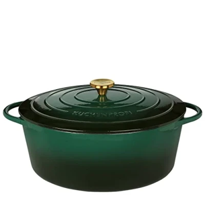 Abbildung von Küchenprofi Gusseisen Bräter mit Deckel, grün/innen schwarz, 35 cm, Schmortopf, Auflaufform, Dutch Oven, Brotbacktopf, emailliert, für alle Herdarten(inkl. Induktion), zum Schmoren,Backen,Braten