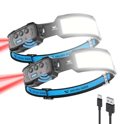 Abbildung von Smiling Shark Stirnlampe, 2 Stück Headlamp 7*Weiße Licht 270 Beleuchtung Breite Mit Bewegungsmelder Helles Rotes Rucklicht Für Camping Angeln Reparieren, Stirnlampe Kopflampe LED Wiederaufladbar