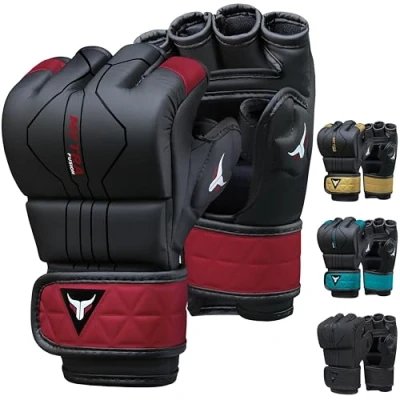 Abbildung von Mytra Fusion MMA Handschuhe mit offener belüfteter Handfläche Sparring Kickboxen, Grappling, Training, Cage Fighting Mixed Martial Arts (L, Black/Maroon)