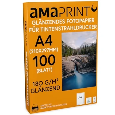 Abbildung von Amaprint 100 Blatt Fotopapier A4 glänzend 180g/m² für Tintenstrahldrucker hochglänzend wasserfest
