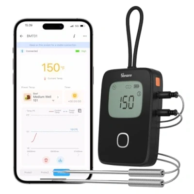 Abbildung von SONOFF BMT01 Fleischthermometer, LCD Display mit Sofortablesung, bratenthermometer zwei Sonden, Timer und voreingestelltem Alarm, geeignet für BBQ, Grillen, Kochen Ofen.