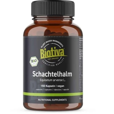 Abbildung von Schachtelhalmkraut Bio 150 Kapseln Zinnkraut hochwertigste Qualität Equisetum arvense L. abgefüllt und kontrolliert in Deutschland Biotiva