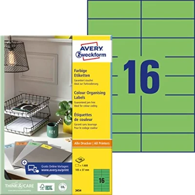 Abbildung von AVERY Zweckform 3454 Grüne Etiketten (1.600 Aufkleber, 105x37mm auf A4, permanent haftend, selbstklebende Farbetiketten, Papier matt, bedruckbare, farbige Klebeetiketten) 100 Blatt