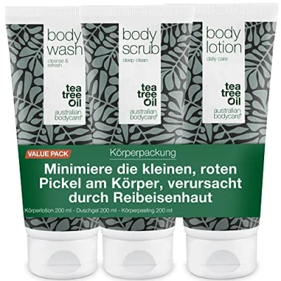 Abbildung von Kit für glatte Haut bei Keratosis Pilaris und trockener/rissiger Set aus Körperwäsche, Peeling Lotion weiche strahlende Exfolierende feuchtigkeitsspendende Formel