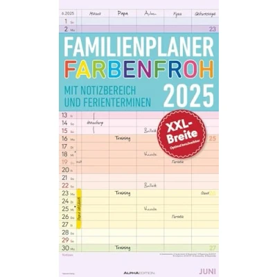 Abbildung von Alpha Edition Familienplaner Farbenfroh 2025 Familientimer, 26x45cm, Familienkalender mit 5 Spalten für Termine, viel Platz Notizmöglichkeiten, Ferientermine DE/AT/CH, deutsches Kalendarium