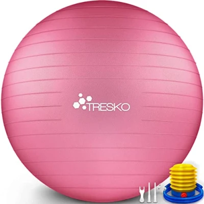 Abbildung von TRESKO Gymnastikball mit GRATIS Übungsposter inkl. Luftpumpe Yogaball BPA Frei Sitzball Büro Anti Burst 300 kg,Rosa,75cm (für Körpergröße 175 185cm)