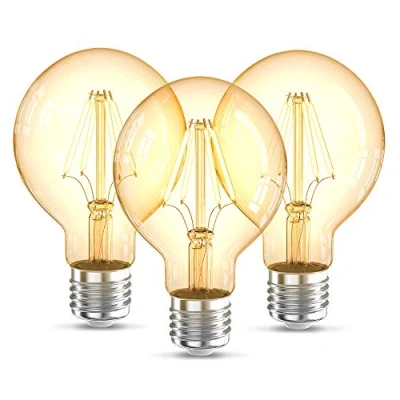 Abbildung von B.K.Licht 3er Set LED Lampe E27 mit extra warmweißer Lichtfarbe, G80 Form, 4 Watt, 360 Lumen, LED, Glühbirne, Leuchtmittel, Birne, Vintage, Retro, Edison, 12,6x8 cm, Bernsteinfarbig