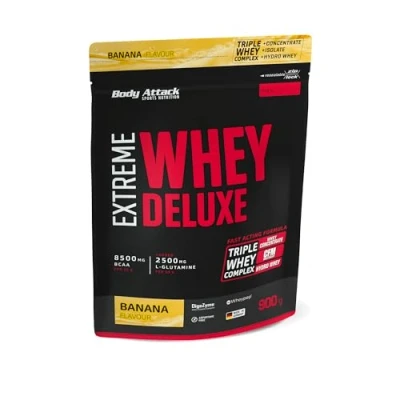 Abbildung von Body Attack Extreme Whey Deluxe Banana Cream, 900g Made in Germany Eiweißpulver mit Aminosäuren, Triple Complex, CFM Isolate, perfekt lösliches Protein Pulver, fettarm, zuckerarm