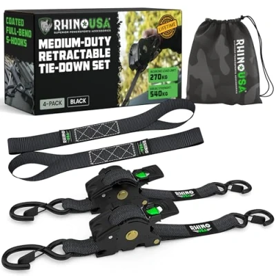 Abbildung von Rhino USA Selbstaufrollende Spanngurte (2er Pack) 2.5cm x 3m (540kg Bruchfestigkeit) Hochleistungs Automatik für LKW, Anhänger, Motorrad, Fahrrad &amp; Mehr Schwarz