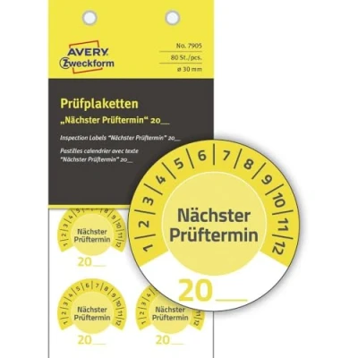Abbildung von AVERY Zweckform 80 Stück Prüfplaketten Nächster Prüftermin 20xx (mit Jahreszahl zum selber eintragen, widerstandsfähig, selbstklebend, Ø 30 mm, Prüfaufkleber, Prüfsiegel aus Vinyl) 7905 gelb