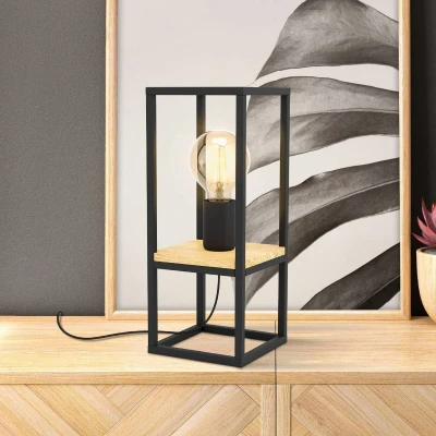 Abbildung von EGLO Tischlampe Libertad, 1 flammige Tischleuchte, Nachttischlampe aus Metall in Schwarz und Holz Natur, Wohnzimmerlampe, Lampe mit Schalter, E27 Fassung