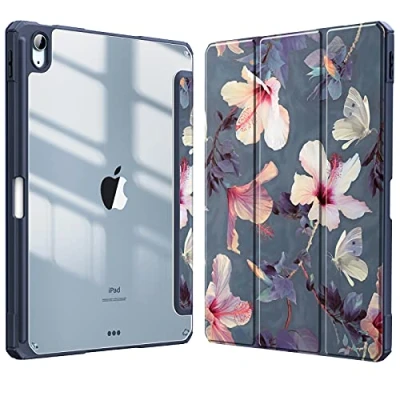 Abbildung von Fintie Hybrid Hülle für iPad Air 11 Zoll (M2) 2024, 5 2022, 4 2020 10.9 mit Stifthalter Stoßfeste Schutzhülle transparenter Hartschale auf der Rückseite, Hibiskus