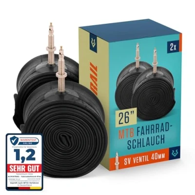 Abbildung von Alphatrail MTB Fahrradschlauch Rick 26 Zoll SV Französisches Ventil 2X Set mit Mobilitätsgarantie I Kompatible Fahrradreifen Schwalbe, Continental, Conti, Maxxis, Onza &amp; Michelin Fahrrad Schlauch