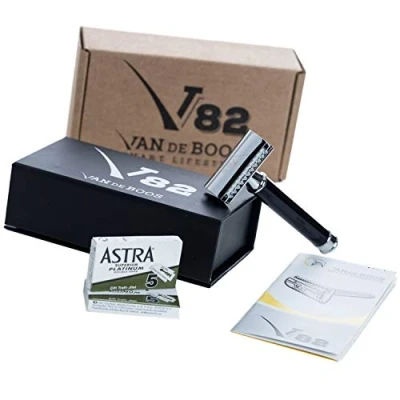 Abbildung von Van De Boos® Rasierhobel Set &quot;Grande&quot; inkl. 10 Astra Rasierklingen &amp; Reise Etui Nassrasierer mit 2 seitigem Klingenkopf 3 teiligem System geschlossenem Kamm (Frauen Männer Klingenrasierer)
