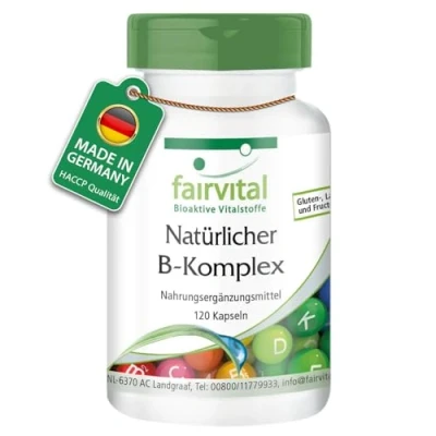 Abbildung von Fairvital Vitamin B Komplex natürlich aus Hefe alle 8 Vitamine (B1, B2, B3, B5, B6, B7, B9, B12) VEGAN 120 Kapseln mit Cholin und Inositol