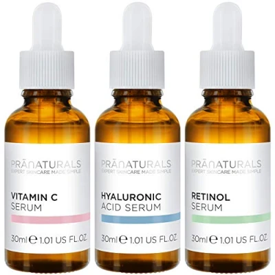 Abbildung von PraNaturals Skin Perfector Gesichtsserum Kit 3x30ml Hyaluronsäure, Retinol &amp; Vitamin C Beseitigt Fältchen und Falten, Mit natürlichen Ölen Vitaminen