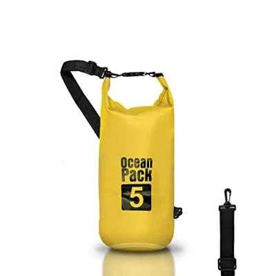 Abbildung von Dry Bag wasserdichte Tasche Meer 5L 10L 20L mit verstellbarem Schultergurt, Waterproof trockener Beutel/Sack, Kayaking Boots Ausflug Kanu/Fischen/Rafting/Snowboarding (GELB, 5l)