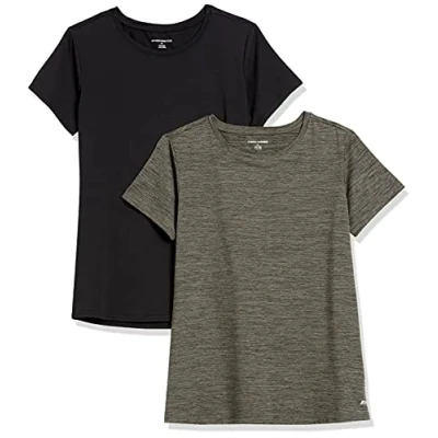 Abbildung von Amazon Essentials Damen Kurzärmliges Tech Stretch T Shirt mit Rundhalsausschnitt (in Übergröße erhältlich), 2er Pack, Olivgrüner Weltraumfarbstoff/Schwarz, L