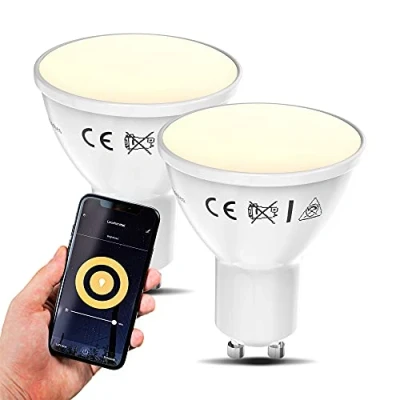 Abbildung von B.K.Licht 2er Set smart Home LED Lampe GU10 via App und Sprachsteuerung, warmweiße Lichtfarbe, 5,5 Watt, 350 Lumen, LED, Glühbirne, Leuchtmittel, Birne, Glühlampen, 5x5,6 cm, Weiß