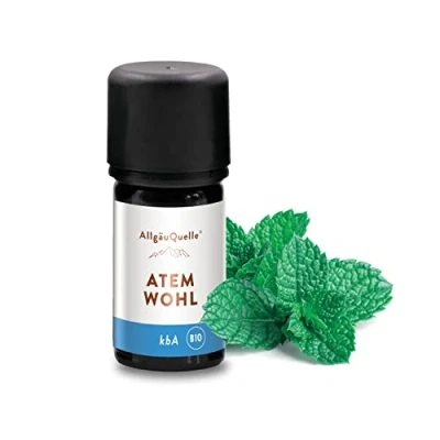 Abbildung von AllgäuQuelle BIO Duftöl Mischung Atemwohl. 100% ätherische Öle aus Eukalyptus, Salbei, Minze, Cajeput (kbA) vegane und naturreine Duftmischung für Aroma Diffusor/Duftlampe, 5 ml