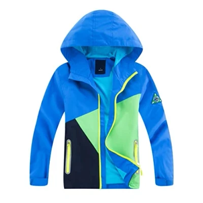Abbildung von YOUNGSOUL Kinder Regenjacke mit Farbblock Mädchen Jungen Übergangsjacke Outdoorjacke Win und Wasserdicht Windjacke Kapuze Blau DE: 146 152 (Herstellergröße 150)