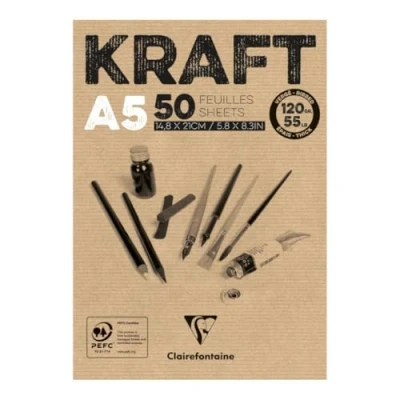 Abbildung von Clairefontaine 975814C Block verleimt Kraftpapier 120g, ideal für Trockentechniken, 50 Blatt, DIN A5, 14,8 x 21 cm, braun