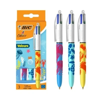 Abbildung von BIC 4 Colours Velours, Kugelschreiber, mittlere Spitze, 1 mm, verschiedene Designs, Blau, Rot, Grün, Schwarz, 3 Stück
