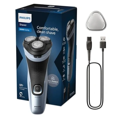 Abbildung von Philips Shaver Series 3000X Elektrischer Nass und Trockenrasierer für Männer in Himmelblau, mit SkinProtect Technologie, ausklappbarem Bartschneider ergonomischem Griff (Modell X3053/00)