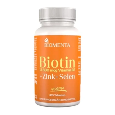Abbildung von BIOMENTA Biotin + Zink Selen 365 BiotinTabletten hochdosiert mit 12.500 mcg Biotin/Stck. vegan Premiumqualität
