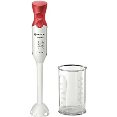 Abbildung von Bosch Hausgeräte MSM64010 ergonomischer Stabmixer mit Kunststoff Mixfuß QuattroBlade, 450 Watt Weiß / Rot