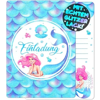 Abbildung von 12x GLITZER Meerjungfrau EINLADUNGSKARTEN KINDERGEBURTSTAG Mädchen Junge die Nixen PARTY Karten sind Einladung für Jungen Kinder GEBURTSTAG MERMAID