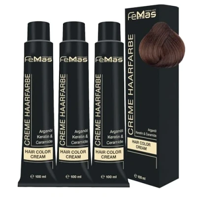 Abbildung von FemMas Haarfarbe 3x Dunkelblond Gold 6.3 I Creme mit Arganöl, Keratin &amp; Ceramiden Als dauerhafte Haarfärbung oder Tönung für strahlende, haltbare Farbergebnisse 100 ml