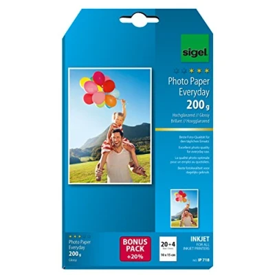 Abbildung von SIGEL IP718 InkJet Fotopapier 10x15 cm, 20 + 4 Blatt gratis, hochglänzend, weiß, 200 g, für hochwertige Fotografien