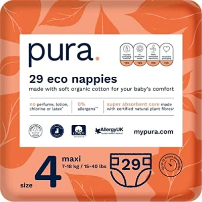 Abbildung von Pura Öko Windeln Größe 4 (Maxi 7 18 kg), 29 (1 Packung), mit EU Ecolabel Zertifiziert, für Empfindliche Haut, aus Bio Baumwolle, Geruchsfrei, Hypoallergen, 12 Stunden Auslaufschutz