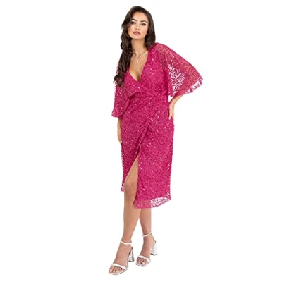 Abbildung von Maya Deluxe Damen Womens Midi Ladies Sequin Embellished Cape Sleeve Wrap Dress for Wedding Guest Bridesmaid Cocktail Prom Evening Kleid, Fuchsia, 54
