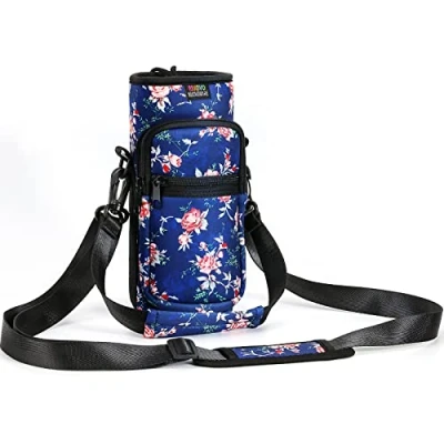 Abbildung von Nuovoware Flaschenhalter Trinkflasche Molle Beutel 25oz/710ml, Isolierte Neopren Kessel mit Schultergurt und Front Reißverschluss Tasche für Wandern Laufen Radfahren Jagd Reisen Blaue Pfingstrose