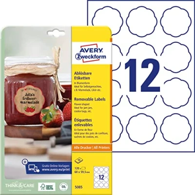 Abbildung von AVERY Zweckform Marmeladenetiketten Art. 5085 (120 Aufkleber ablösbar, 60x59,5mm auf A4, Blumenform, ideal für Einmachgläser, Gebäcktüten, Geschenke und Selbstgemachtes aus der Küche)10 Blatt weiß