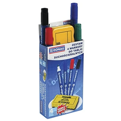 Abbildung von DONAU 7372904 99PL Set von 4 Tafel Marker Whiteboard Boardmarker D Signer B/ Rundspitze 2 mm / Farbe marker: Blau Grün Rot Schwarz/ Schwamm Frei Gratis Free
