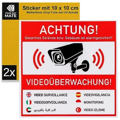 Abbildung von Aufkleber Set &quot;ACHTUNG! VIDEOÜBERWACHUNG!&quot;, 2 Stück, 10 x cm, selbstklebende Folie, Warnhinweis Sticker Innen und Außenbereich, Video Überwachung Klebesticker, Kamera Hinweisschild in 7 Sprachen