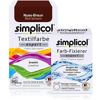 Abbildung von simplicol Textilfarbe expert + Farbfixierer Kombipack, Nuss Braun 1716: Farbe für Waschmaschine oder manuelles Färben