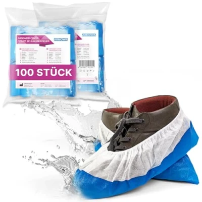 Abbildung von 100x ARNOMED Schuhüberzieher Einweg Blau/Weiß, Überziehschuhe mit wasserdichter Sohle, Mehrweg CPE+PP Überzieher extra stark, Schuhschutz Überzug rutschfest 17x40cm, reißfeste Überschuhe für Baustelle