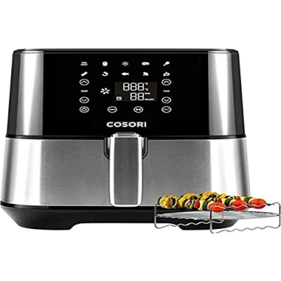 Abbildung von COSORI Luftfritteuse , Air Fryer, energiesparend, mit Grillzubehör, 9 Funktionen &amp; Spezialtrocknung, 10 normale Rezepte Trocknungsrezepte, 1700 W, Silber, 5.5 ltr