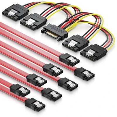 Abbildung von deleyCON SATA Kabel Set 4x III mit Stecker Gerade + Strom Adapter SSD HDD Festplatte